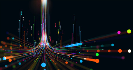 electrical impulse, binary code. futuristic wave. neon streaming. data stream 3d illustration. data 