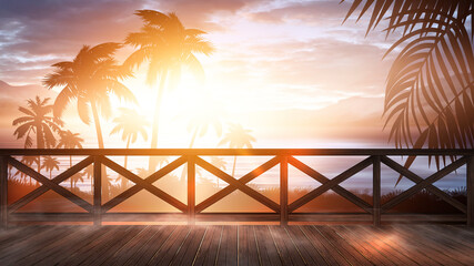 Wall Mural - Night seascape with sunset and wooden pier by the sea. Evening Shore with palm trees, beach party. Neon sunset, sunlight, neon lights, neon reflection in water. 3D illustration. 