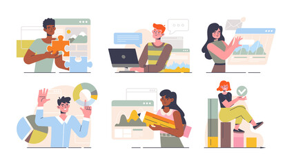 Poster - Six different business scenes of workers in office giving presentations, working on digital devices and solving problems. Set of flat cartoon colored vector illustrations isolated on white background