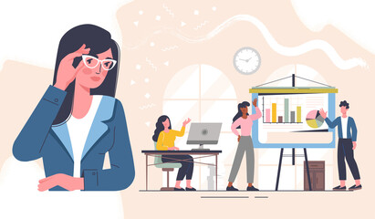 Business concept for a female boss in the office keeping a watch on her diverse multircial staff as they work on statistics and graphs, flat cartoon colored vector illustration