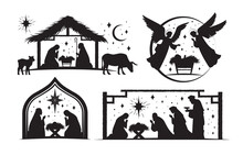 Set Of Four Silhouetted Nativity Scenes For Christmas Showing Joseph And Mary, Wise Men And Angels At The Crib Of The Christ Child, Black And White Vector Illustration