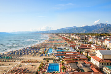 Viareggio drone panoramic view of coastline, Versilia, Tuscany, Italy.