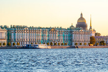 Saint Petersburg Cityscape With St. Isaac's Cathedral Dome And Hermitage Museum At Sunset, Russia