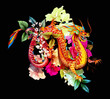  Ilustration isolated on black. Drawing of Chinese dragon and flowers around. Vector- stock.