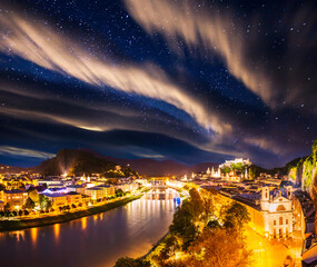 Fototapete - Scenic top view of the Salzburg city at night. Location Salzburger Land, Austria, Europe.