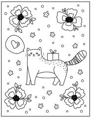 Wall Mural - Doodle coloring page for children and adults. Cute cartoon cat with gift and flowers. Black and white vector illustration.