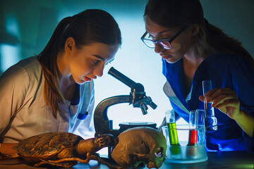 student girl looking in a microscope, science laboratory concept. two beautiful schoolgirls doing ex