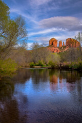 Sticker - USA, Arizona, Sedona. Landscape with rock formations and pond.