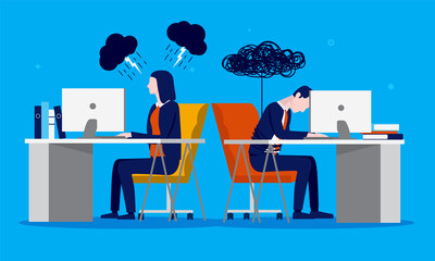 Job dissatisfaction - Two business people  feeling negative and unmotivated about work in the office. Motivation problem concept. Vector illustration.