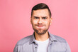 © denis_vermenko - Young handsome caucasian man in casual isolated over pink background puffing cheeks with funny face. Mouth inflated with air, crazy expression.