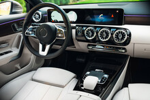 Modern Car Interior With The Leather Panel, And Dashboard