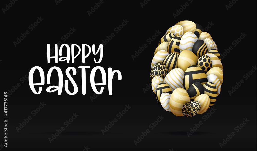 Happy easter card with eggs. Many beautiful golden realistic egg are laid out in the shape of a large egg. Vector illustration for easter on black background. - obrazy, fototapety, plakaty 