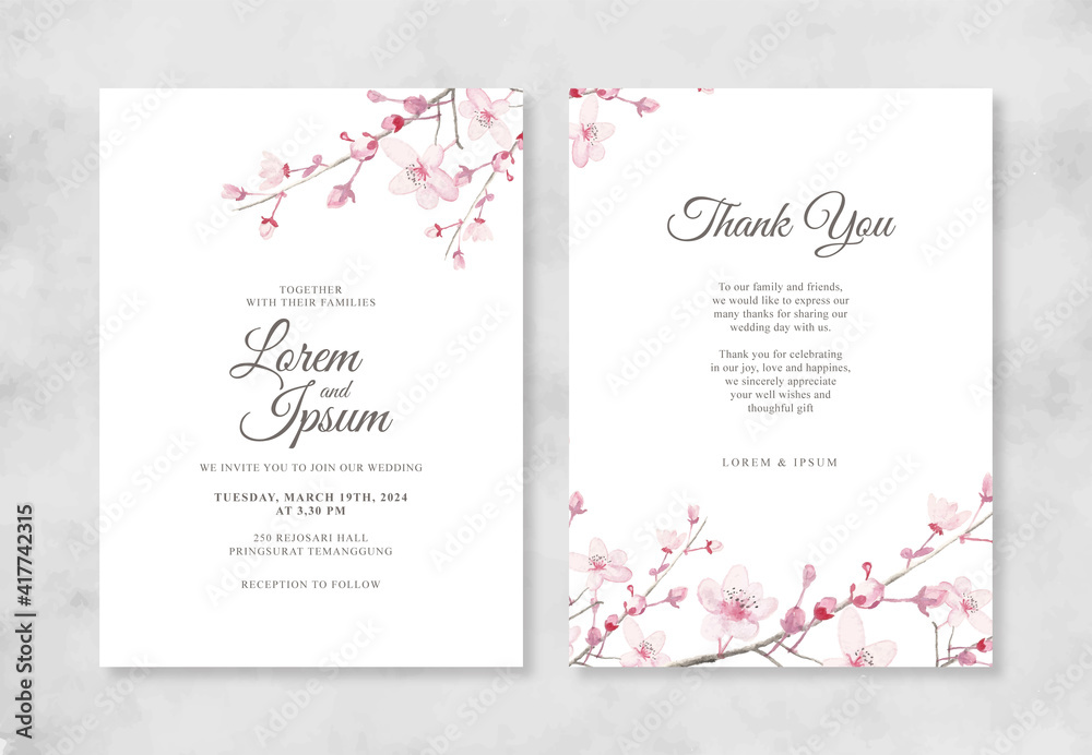 Elegant wedding invitation with hand painted watercolor Cherry blossoms - obrazy, fototapety, plakaty 