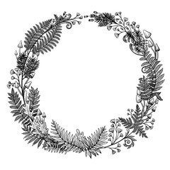 Round frame in ink hand drawn style with plant forest elements, mushrooms, berries and ferns.