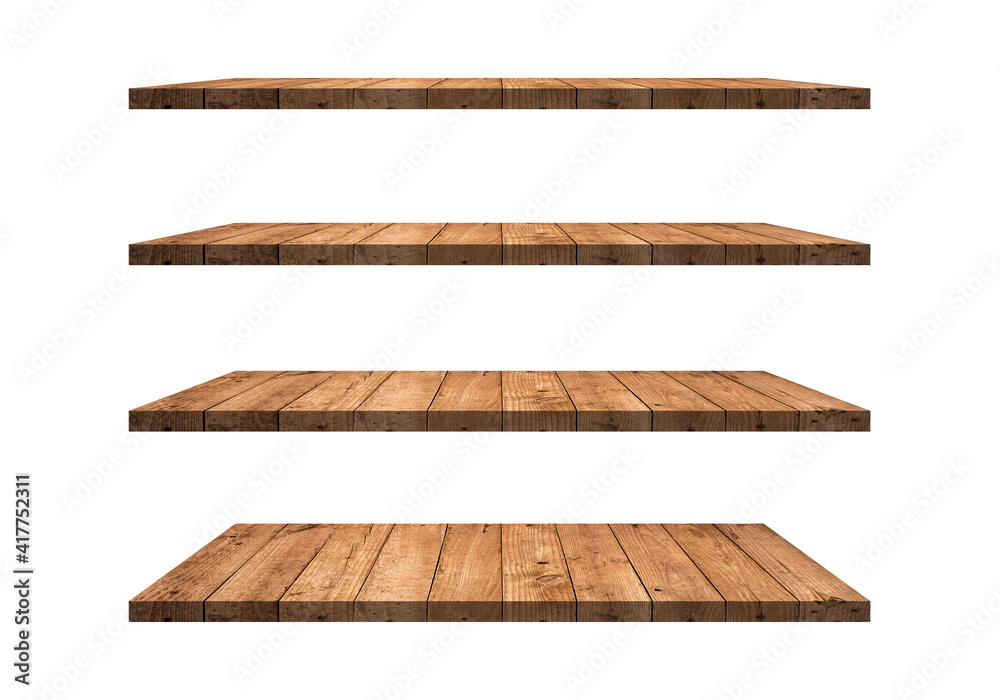 A collection of brown wooden shelves on a white background that separates the objects. There are clipping paths for the designs and decoration - obrazy, fototapety, plakaty 