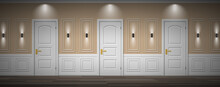 Hotel Classic Interior Corridor Doors Lamps Front View Vector Illustration