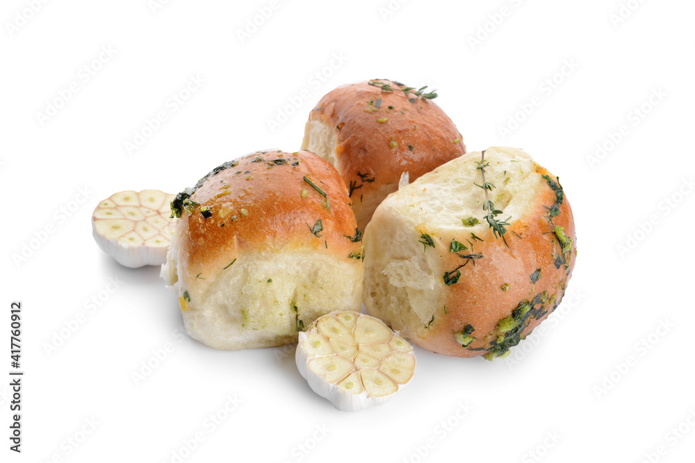 Fresh buns with garlic on white background