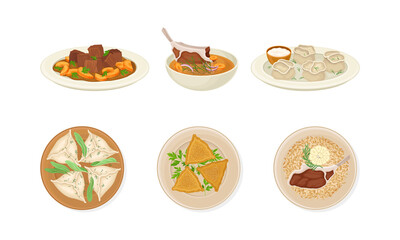 Wall Mural - Traditional Dishes of Uzbek Cuisine with Dumplings and Mutton Soup Above View Vector Set