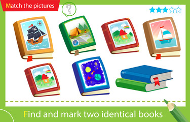 Wall Mural - Find and mark two identical items. Puzzle for kids. Matching game, education game for children. Color image of children's books. Worksheet for preschoolers