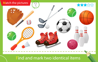 Find and mark two identical items. Puzzle for kids. Matching game, education game for children. Color images of sports equipment. Worksheet for preschoolers