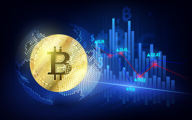 Poster - Bitcoin currency. Crypto coin with growth chart. International stock exchange. Network bitcoin marketing vector banner.