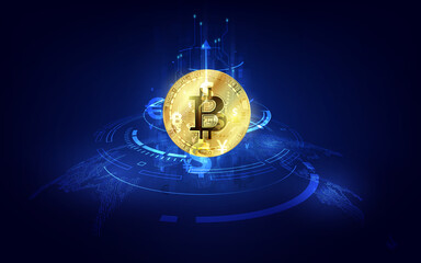 Poster - Global Abstract Bitcoin Crypto Currency Blockchain Technology World Map Background Illustration