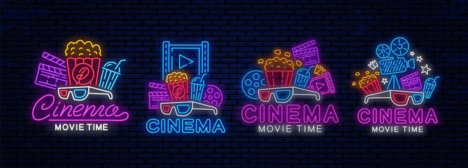 Poster - Set of neon cinema logo. Movie time, night light signboards. Cinema movie time, night neon signs design.