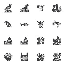 Water Pollution Vector Icons Set, Modern Solid Symbol Collection, Filled Style Pictogram Pack. Signs, Logo Illustration. Set Includes Icons As Environmental Contaminants, Marine Animals With Plastic