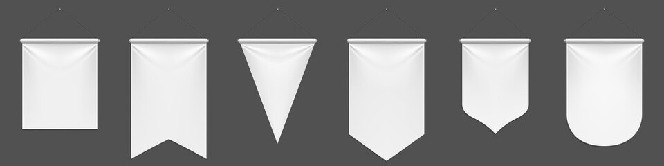 White pennant flags mockup, blank vertical banners on flagpole with rounded, straight, pointed and double edges. Isolated medieval heraldic empty ensign templates. Realistic 3d vector illustration set