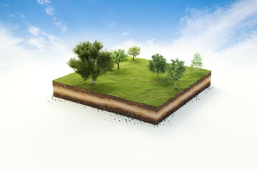 3d cubical garden grass land with trees, soil geology cross section, 3d illustration ground ecology 
