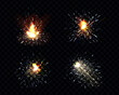 Sparks fire set, sparkler, petard weld or firework flare. Bright glowing light with scatter flying particles isolated on black or transparent background background, Realistic 3d vector illustration