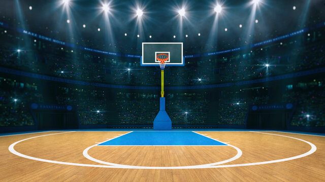 Wall Mural -  - Basketball sport arena. Interior view to wooden floor of basketball court. Basketball hoop front view. Digital 3D illustration of sport background.