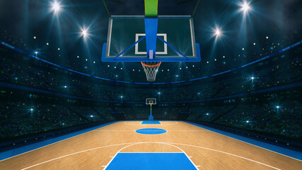 Wall Mural - Basketball sport arena. Interior view to wooden floor of basketball court. Basketball hoop from backside. Digital 3D illustration of sport background.