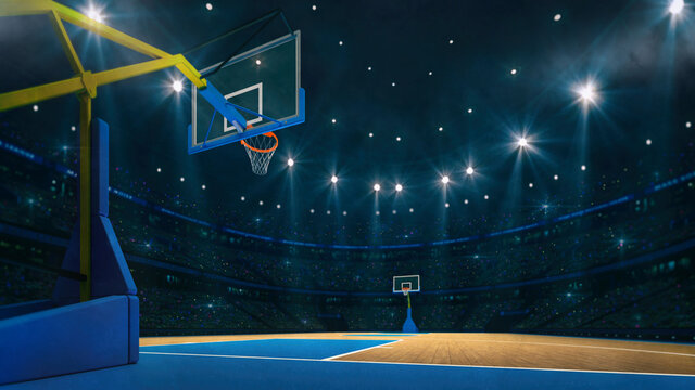 Wall Mural -  - Basketball sport arena. Interior view to wooden floor of basketball court. Basketball hoop from behind. Digital 3D illustration of sport background.