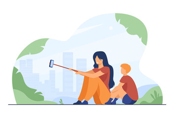 Poster - Happy woman taking selfie with little boy. Stick, park, leisure flat vector illustration. Nature and weekend concept for banner, website design or landing web page