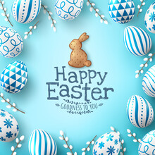 Easter Poster And Banner Template With Easter Eggs And Cute Bunny Biscuit On Light Green Background.Greetings And Presents For Easter Day In Flat Lay Styling.Promotion And Shopping Template For Easter