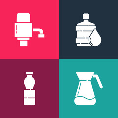 Sticker - Set pop art Jug glass with water, Bottle of, Big bottle clean and Mechanical pump for icon. Vector.