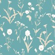 Wild white flowers on a turquoise background. Vintage wind pattern for fabric with irises, petunias, dandelions and other plants.