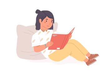 Poster - Smiling little girl sitting with open book or textbook. Kid reading children's literature at home. Smart child learning. Colored flat cartoon vector illustration isolated on white background