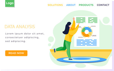 Fototapete - Data analysis landing page template with businesswoman giving presentation business project report. Office worker near graphs diagrams. Business mentor, coach on seminar, annual financial report