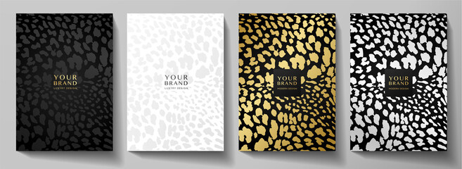 Wall Mural - Fashionable abstract cover design set. Luxury black, gold, silver background with leopard pattern (animal print). Premium vector collection for brochure, notebook template, menu