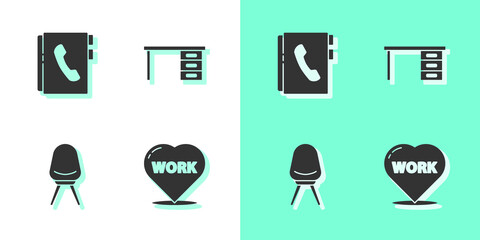 Poster - Set Heart with text work, Address book, Office chair and desk icon. Vector.