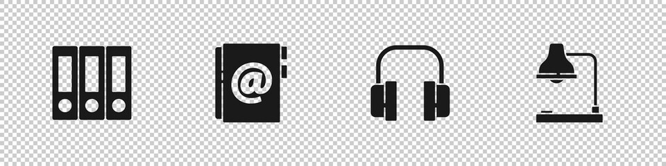 Sticker - Set Office folders, Address book, Headphones and Table lamp icon. Vector.