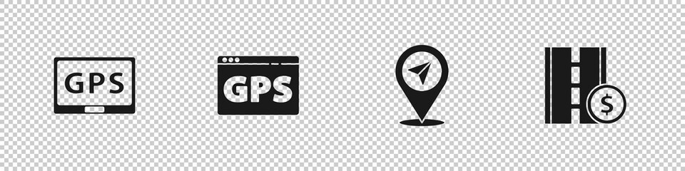 Poster - set gps device with map, , location and toll road traffic sign icon. vector.