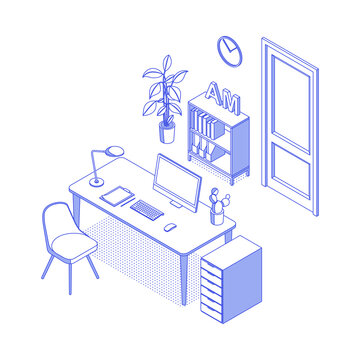 Blue isometric home office on white. Vector illustration in flat design, isolated. Outlined, linear style.
