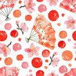 Seamless pattern with Japanese theme in watercolor style. Watercolor sakura. Japanese elements.