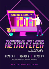 Poster - tiny man choosing book in online library. screen, internet, network flat vector illustration. digita