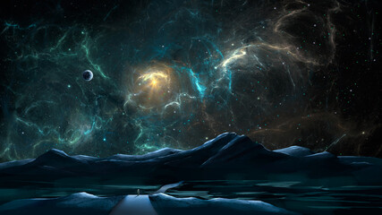 Wall Mural - Space background. Astronaut walking on road in mountain landscape with colorful fractal nebula and planet. Digital painting