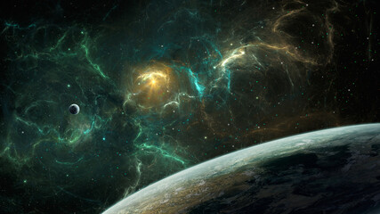 Wall Mural - Space background. Colorful fractal nebula with two planet. Elements furnished by NASA. 3D rendering