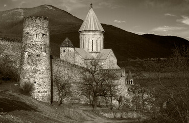 Wall Mural - old church in ancient fortress remains in black and white 